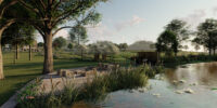 Picture shows a decking area alongside a lake which features in one of our landscape case studies