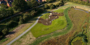 Aerial view of a play area within Myton Green's Green Corridor